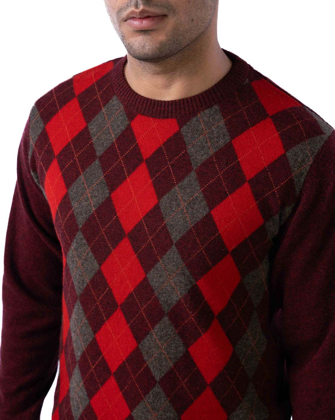 Men’s Wine Lambswool Multicolor Crew Neck Sweater with Suede Elbow Patches