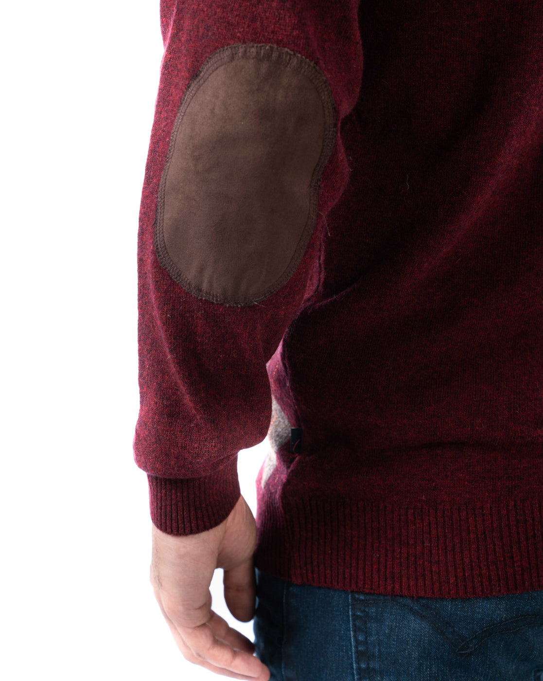 Men’s Wine Lambswool Multicolor Crew Neck Sweater with Suede Elbow Patches