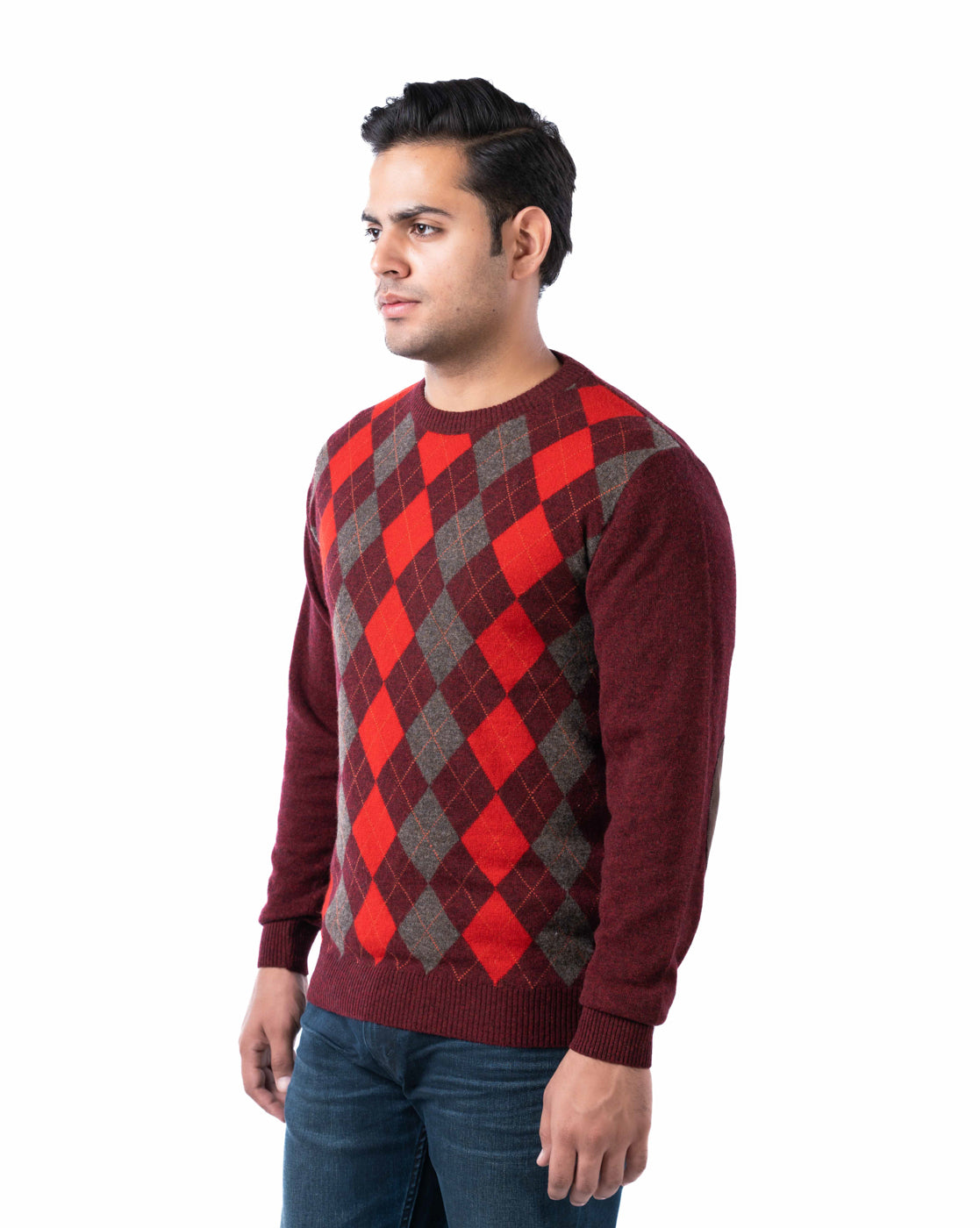 Men’s Wine Lambswool Multicolor Crew Neck Sweater with Suede Elbow Patches