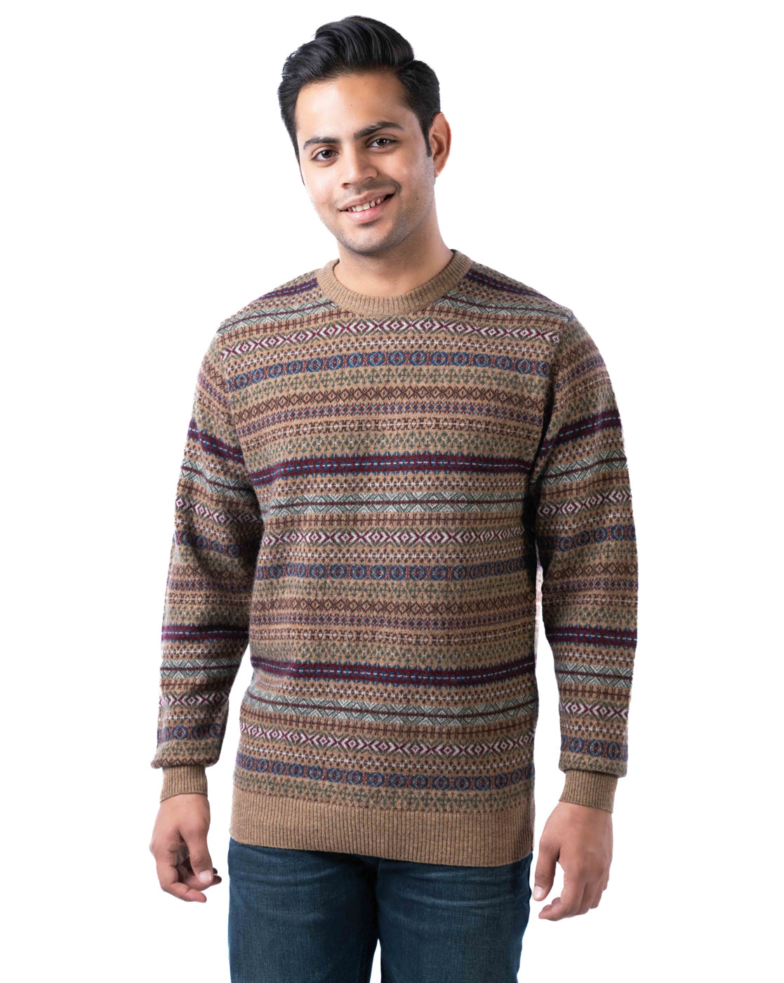 Men’s Brown Lambswool Aztec Pullover with Suede Elbow Patches