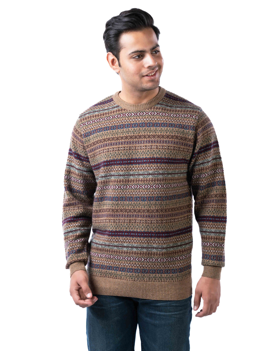 Men’s Brown Lambswool Aztec Pullover with Suede Elbow Patches