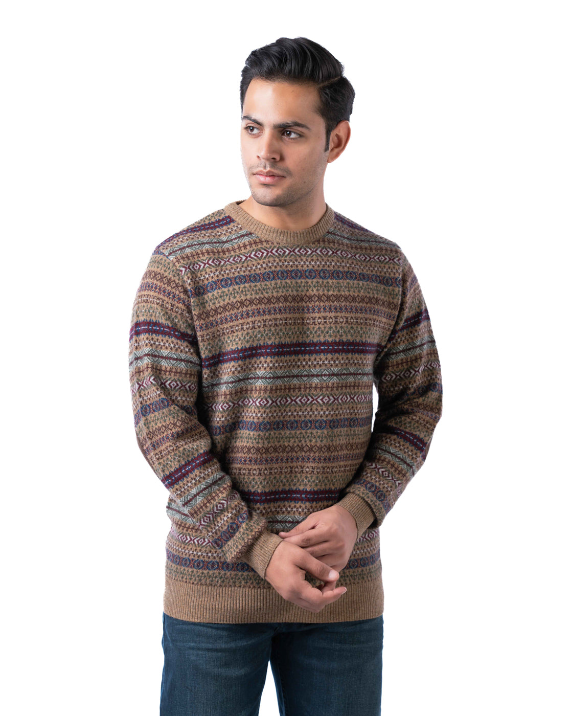 Men’s Brown Lambswool Aztec Pullover with Suede Elbow Patches