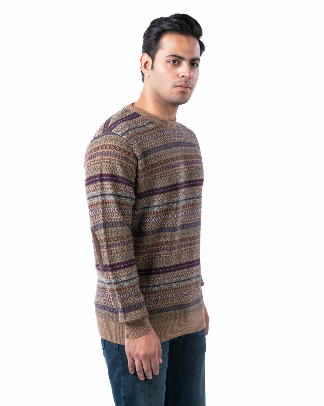 Men’s Brown Lambswool Aztec Pullover with Suede Elbow Patches