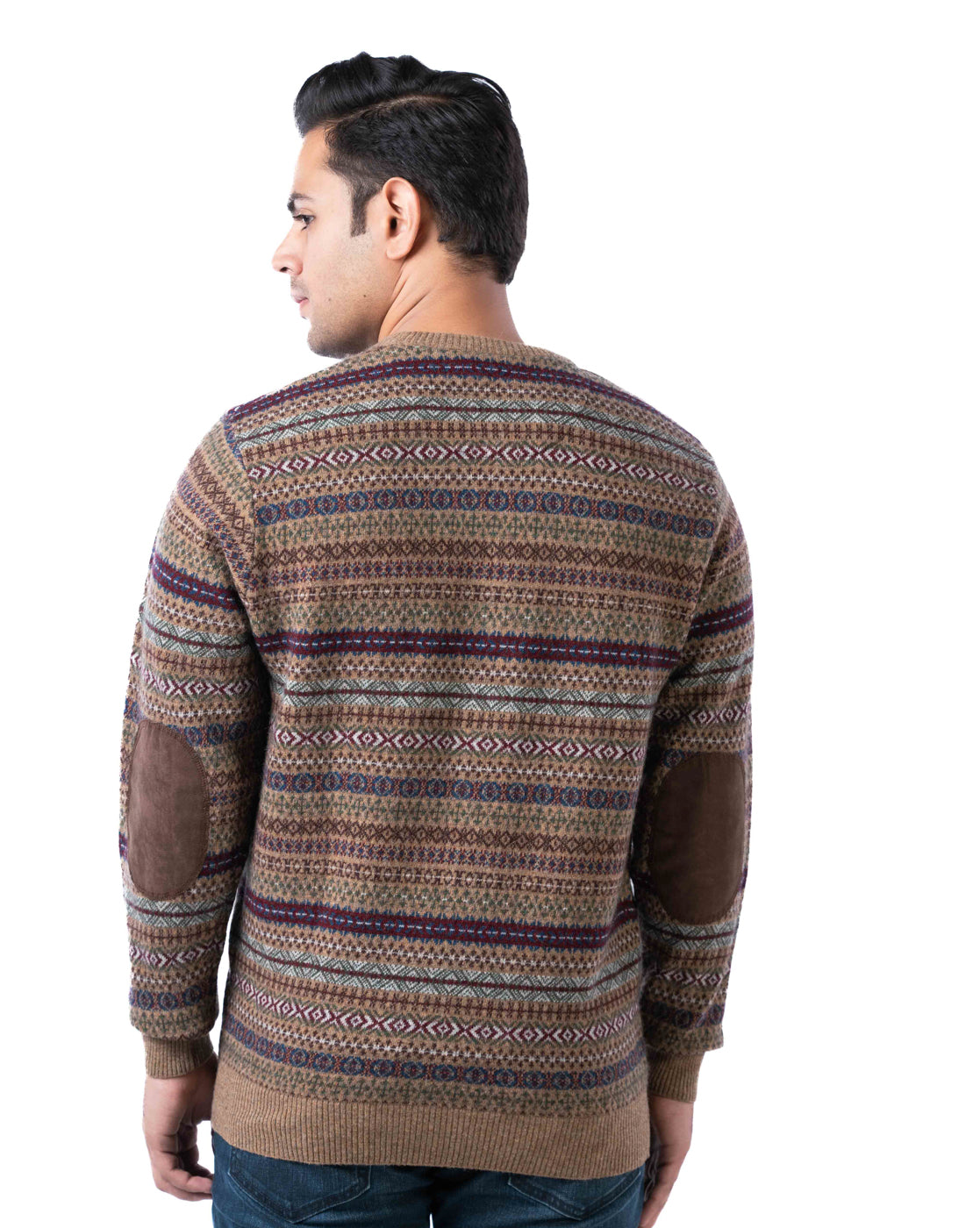 Men’s Brown Lambswool Aztec Pullover with Suede Elbow Patches