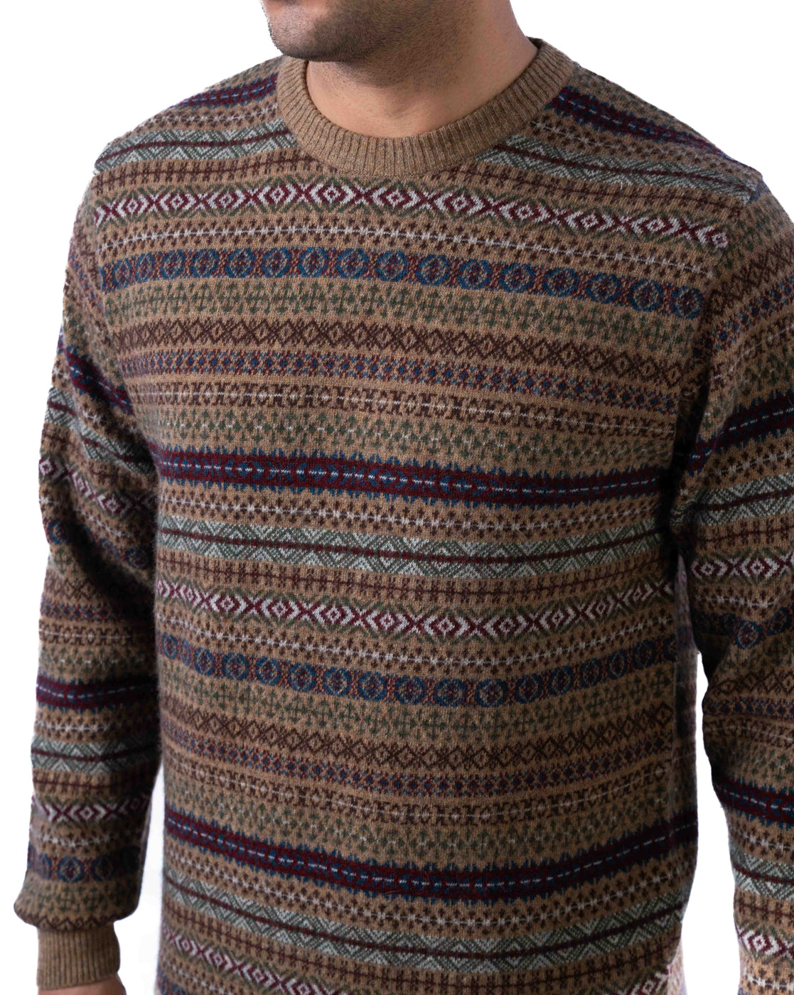 Men’s Brown Lambswool Aztec Pullover with Suede Elbow Patches