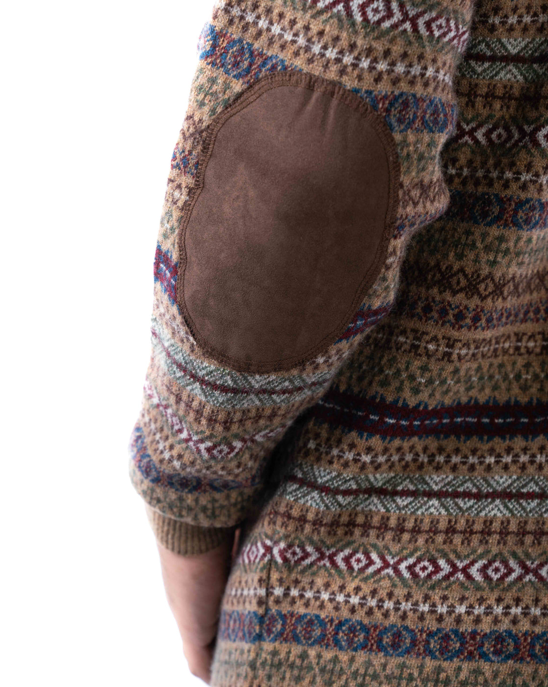 Men’s Brown Lambswool Aztec Pullover with Suede Elbow Patches