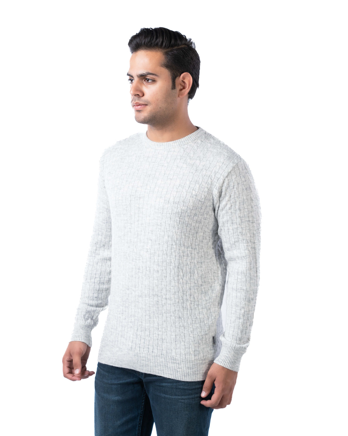 Men’s Off-White Cable Knit Pullover in Blended Yarn with Crew Neck and Side Loop Label
