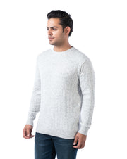 Men’s Off-White Cable Knit Pullover in Blended Yarn with Crew Neck and Side Loop Label