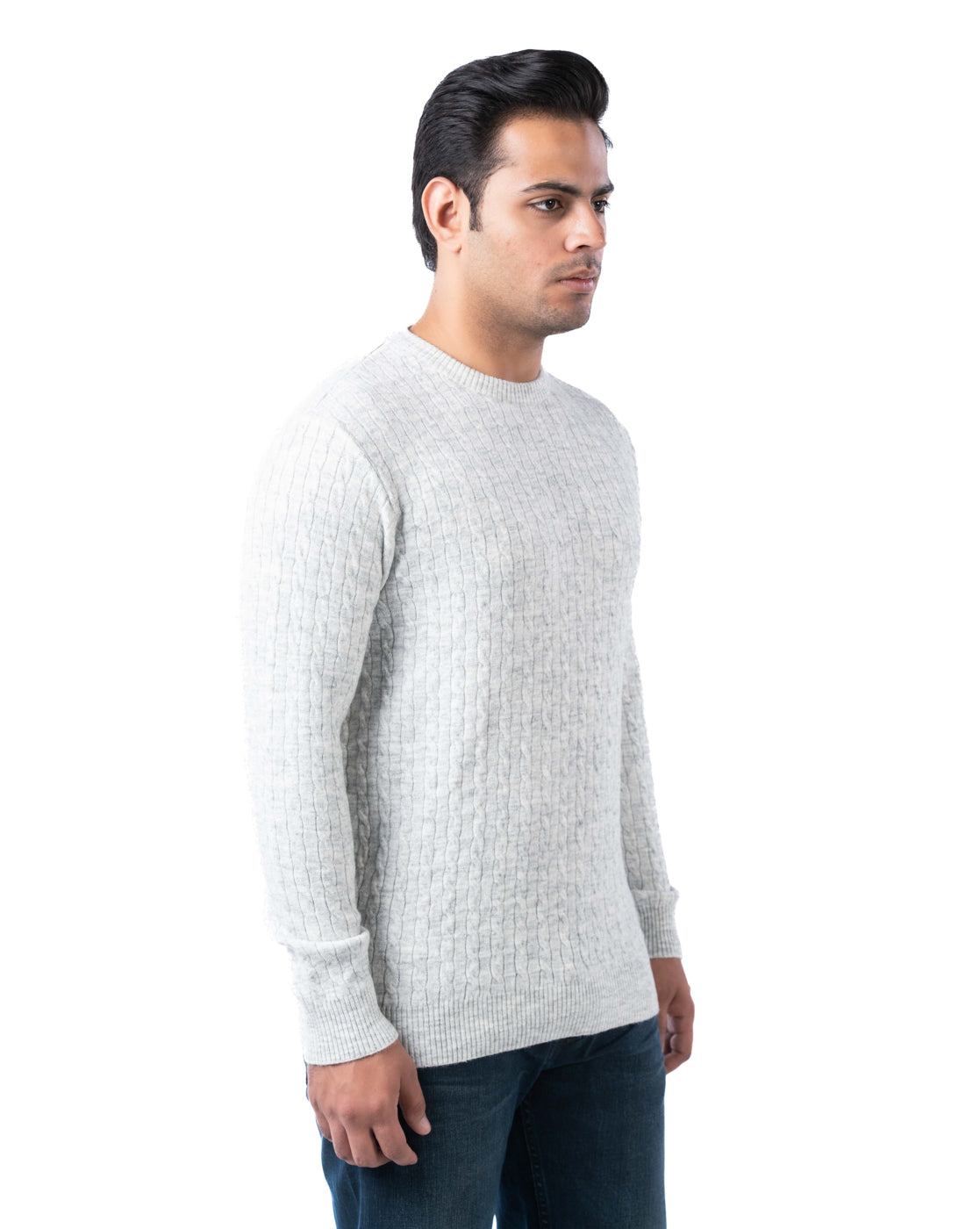Men’s Off-White Cable Knit Pullover in Blended Yarn with Crew Neck and Side Loop Label