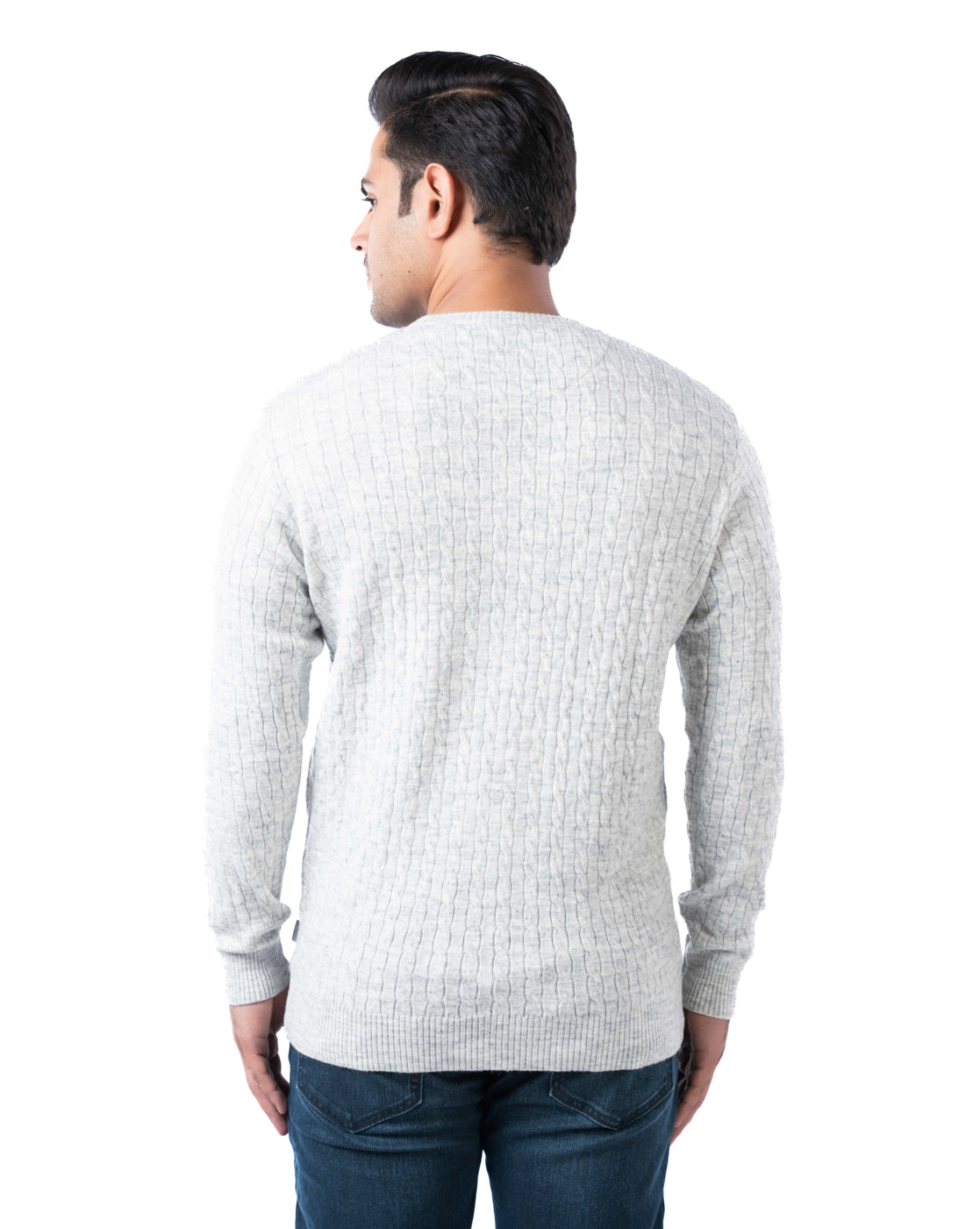 Men’s Off-White Cable Knit Pullover in Blended Yarn with Crew Neck and Side Loop Label
