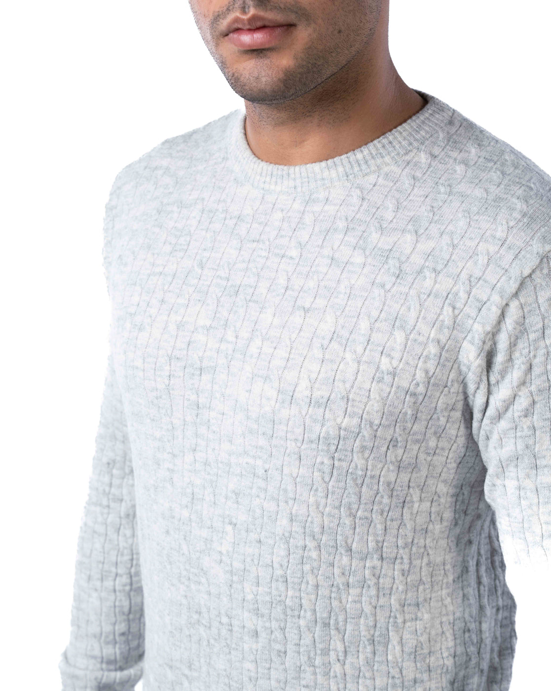 Men’s Off-White Cable Knit Pullover in Blended Yarn with Crew Neck and Side Loop Label