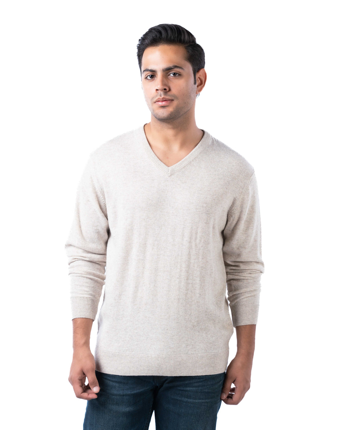 Men’s Beige V-Neck Acrylic Pullover