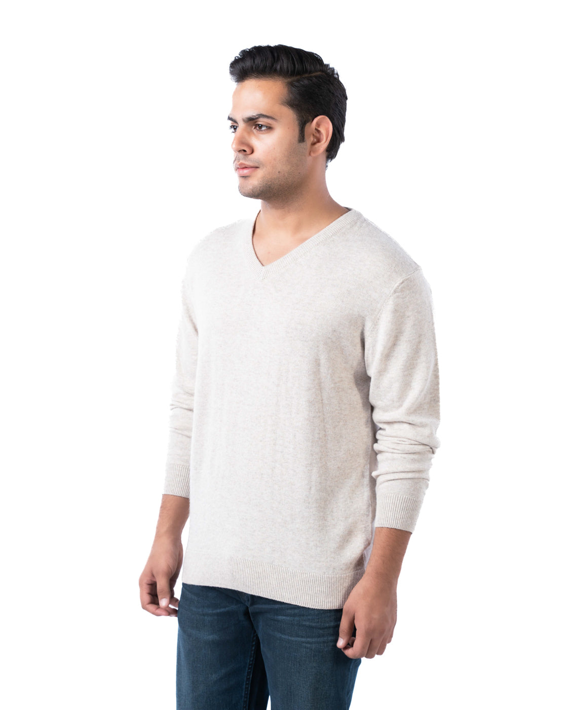 Men’s Beige V-Neck Acrylic Pullover