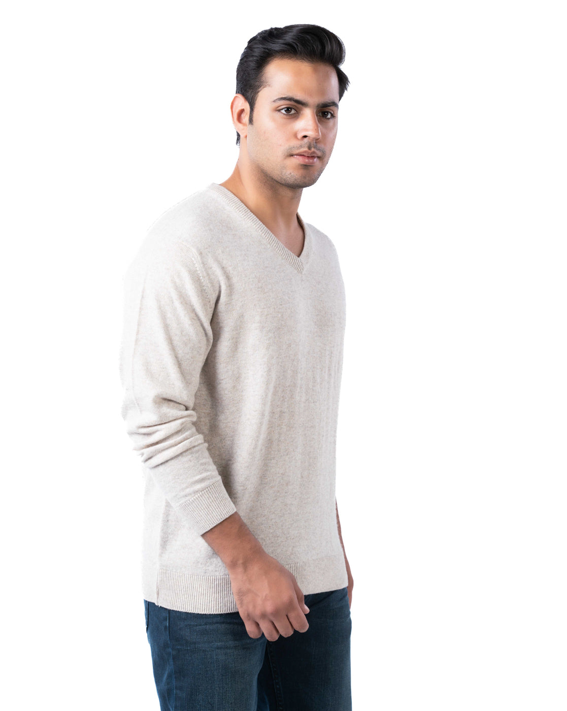 Men’s Beige V-Neck Acrylic Pullover