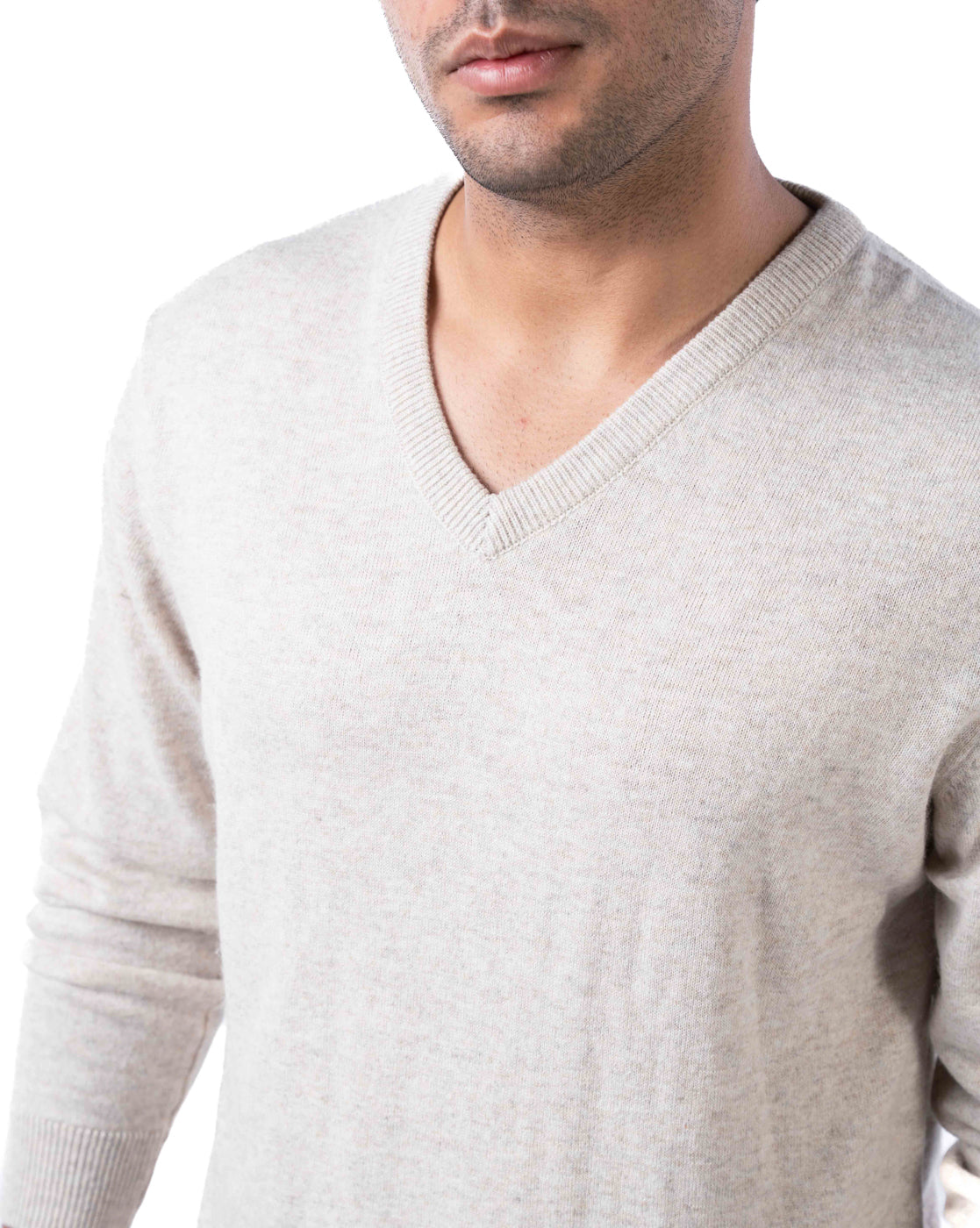Men’s Beige V-Neck Acrylic Pullover