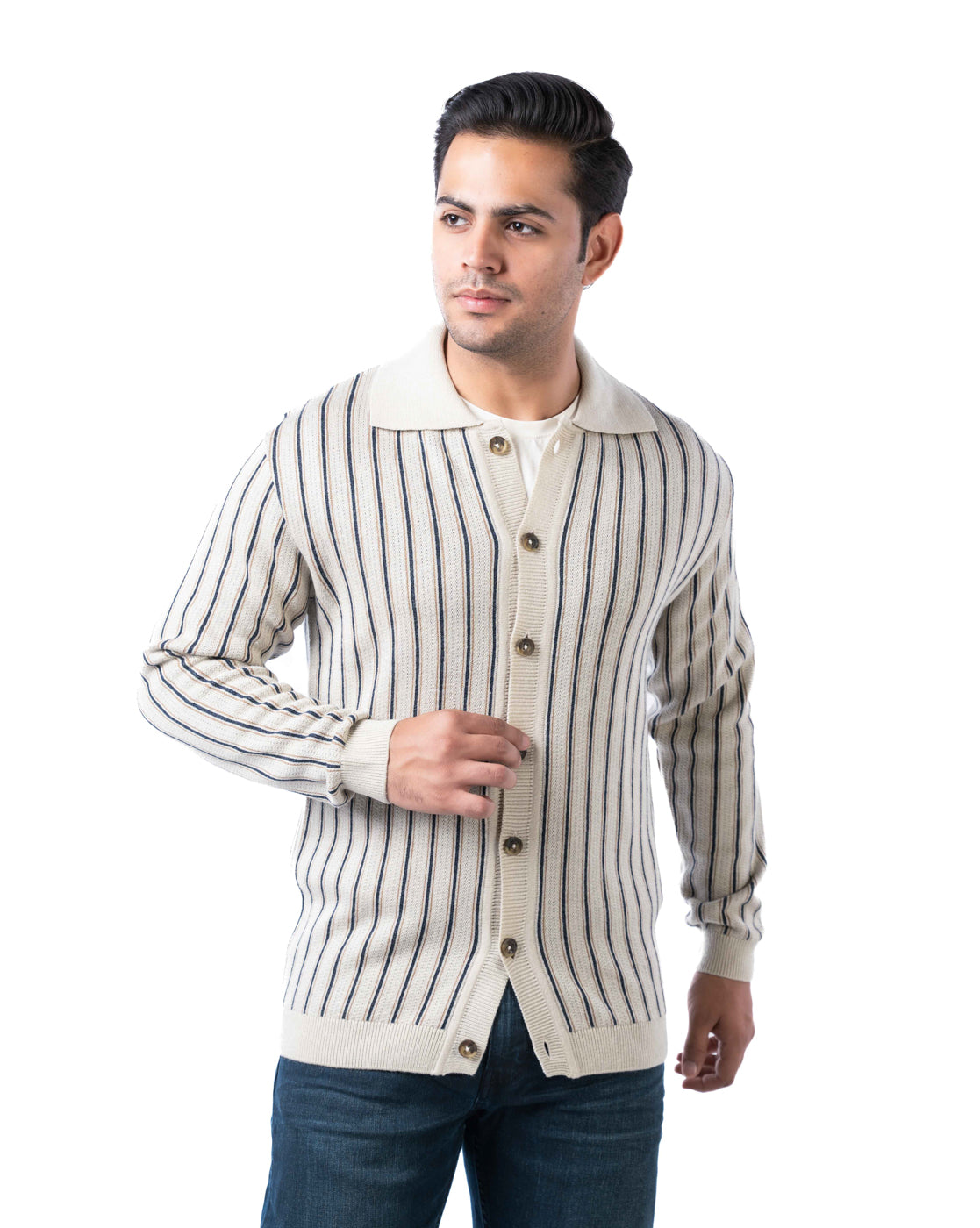 Men’s Beige Striped Acrowool Pullover with Buttoned Ribbed Placket