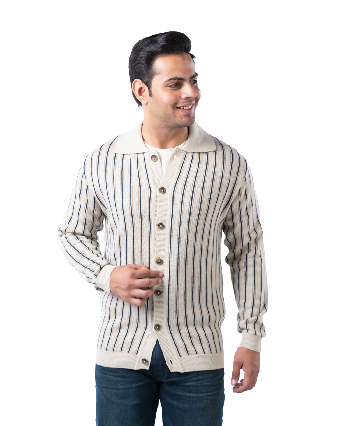 Men’s Beige Striped Acrowool Pullover with Buttoned Ribbed Placket