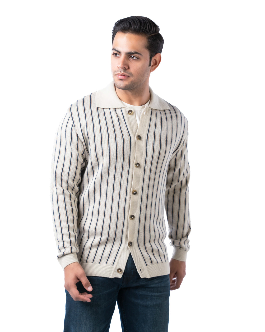 Men’s Beige Striped Acrowool Pullover with Buttoned Ribbed Placket