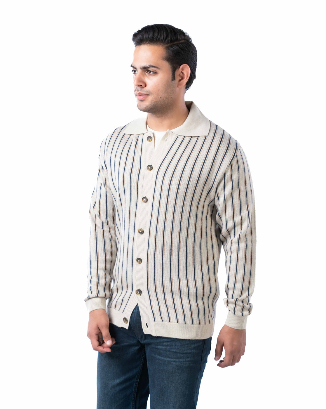 Men’s Beige Striped Acrowool Pullover with Buttoned Ribbed Placket