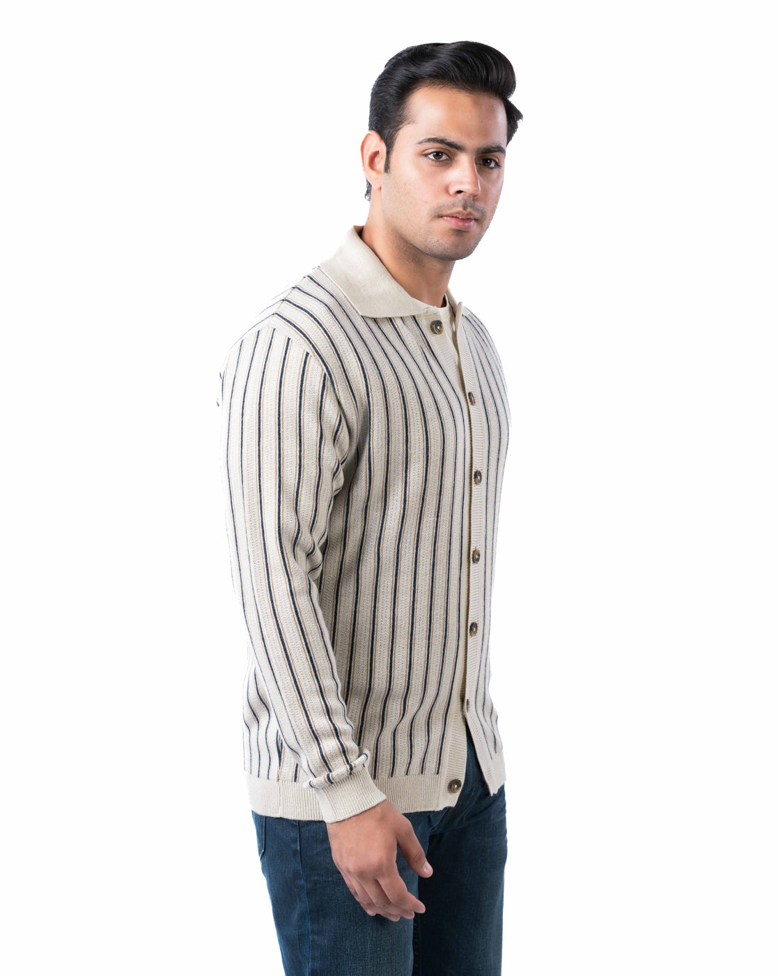 Men’s Beige Striped Acrowool Pullover with Buttoned Ribbed Placket