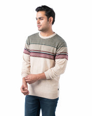 Men’s Beige Pashmina Aztec Knit Pullover with Wool Blend and Side Loop Label