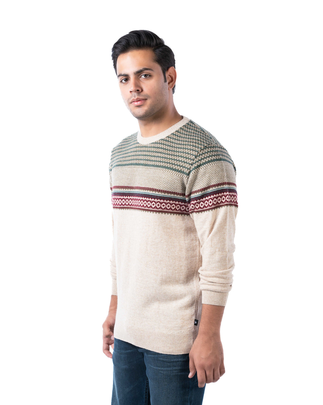 Men’s Beige Pashmina Aztec Knit Pullover with Wool Blend and Side Loop Label