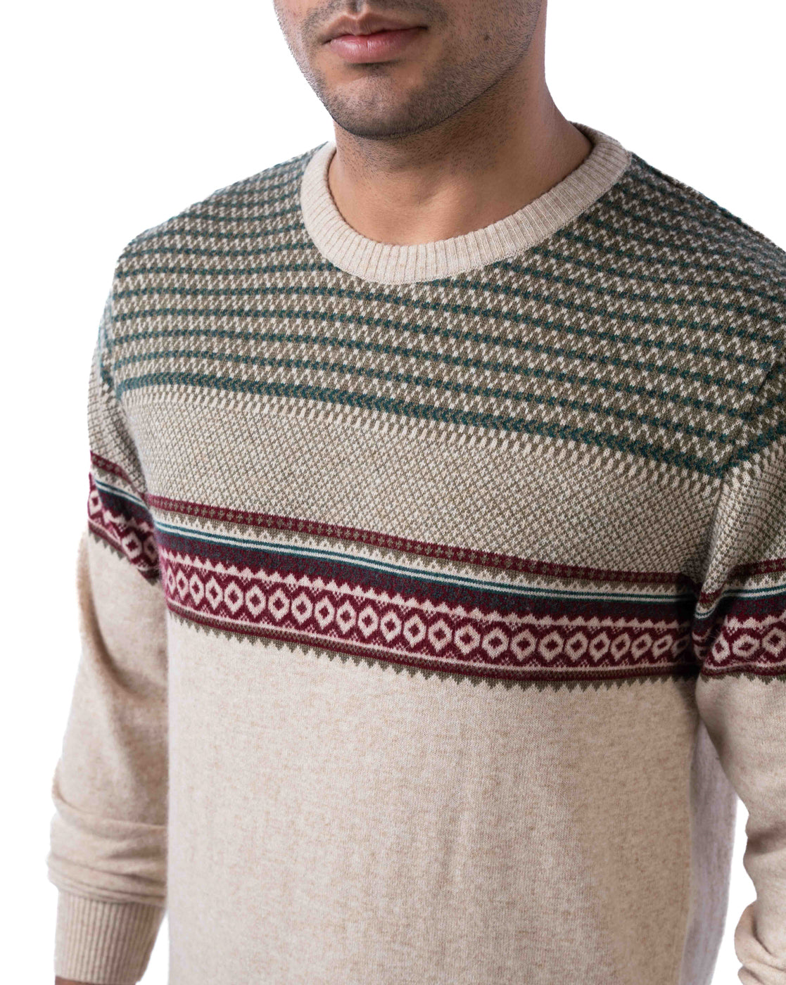 Men’s Beige Pashmina Aztec Knit Pullover with Wool Blend and Side Loop Label