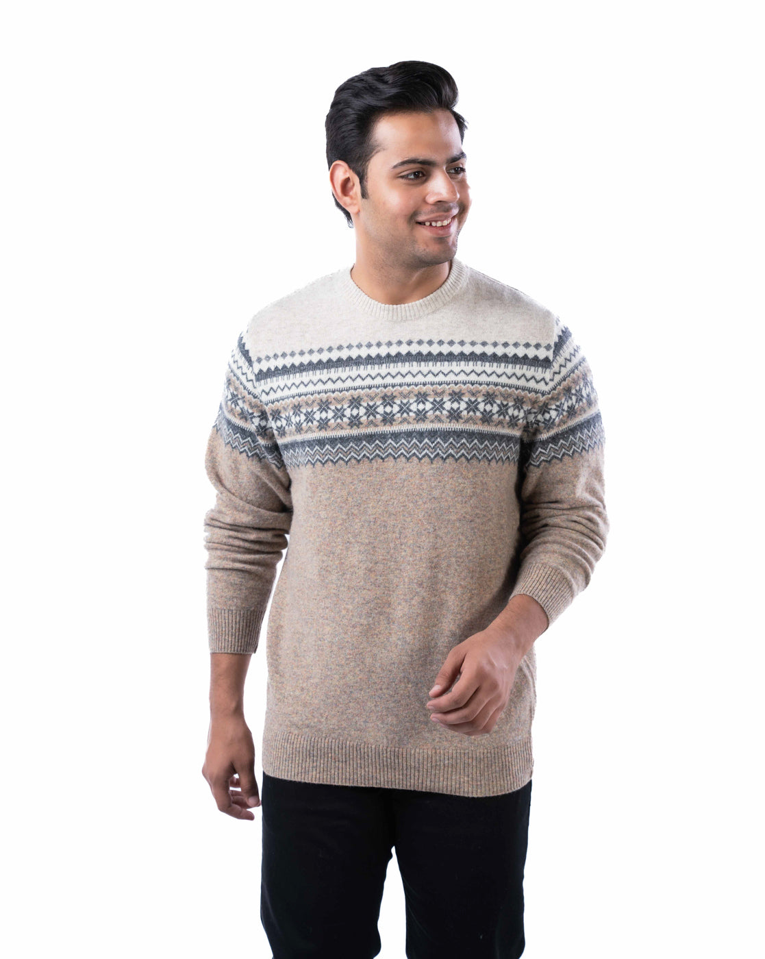 Men’s Beige Lambswool Aztec Pullover Sweater