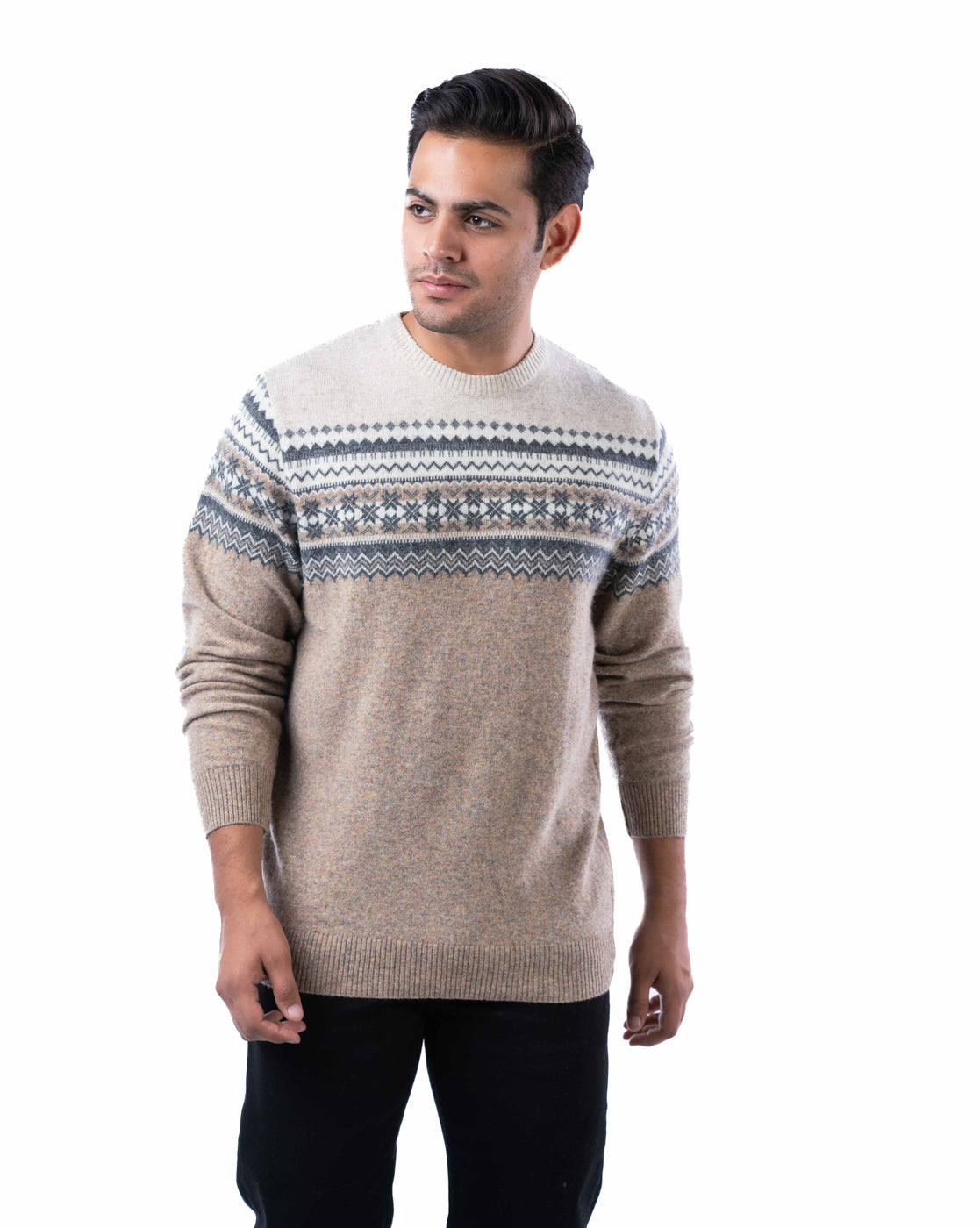 Men’s Beige Lambswool Aztec Pullover Sweater