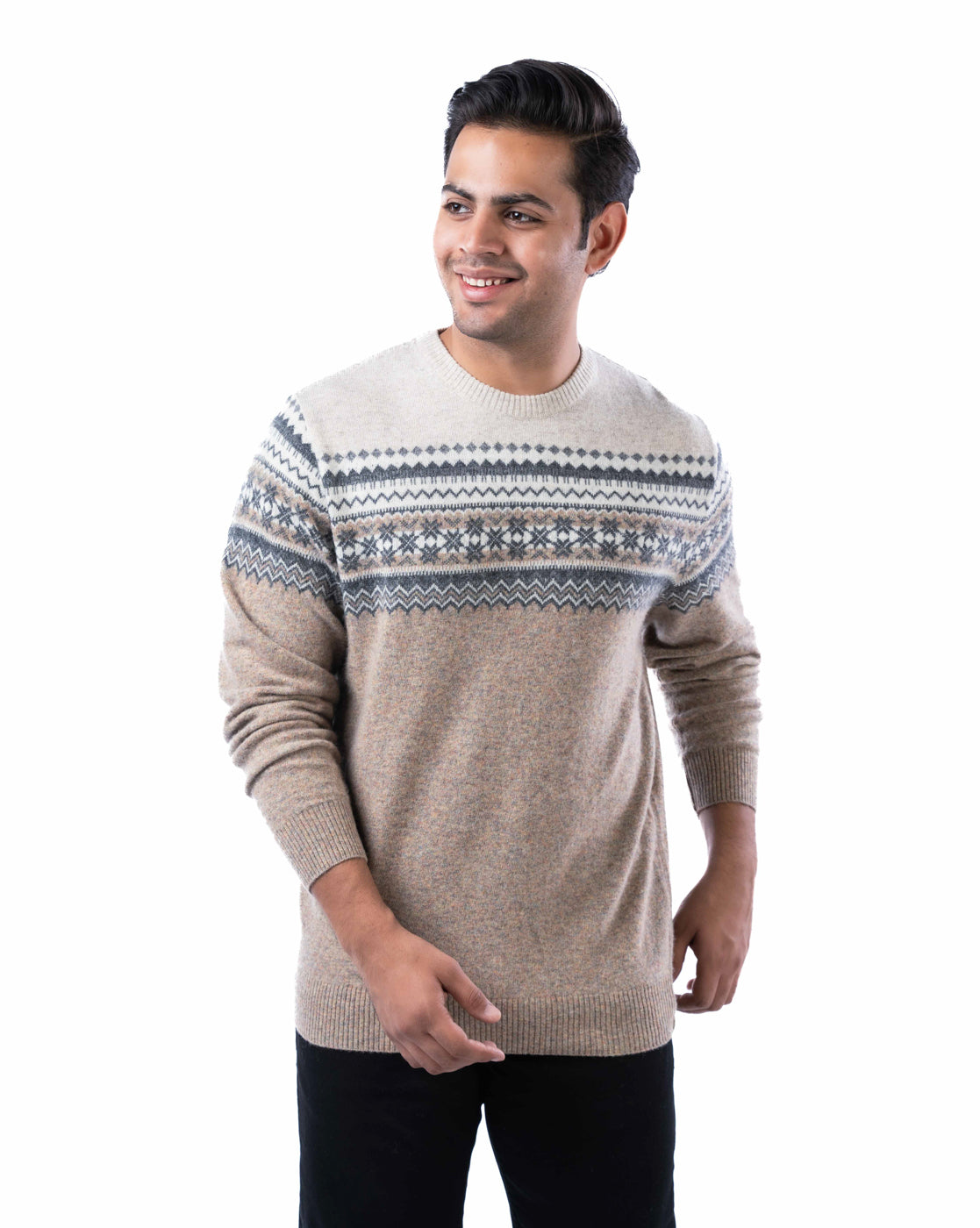 Men’s Beige Lambswool Aztec Pullover Sweater