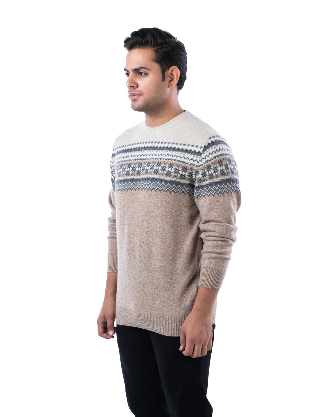 Men’s Beige Lambswool Aztec Pullover Sweater
