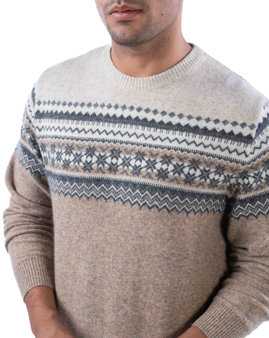 Men’s Beige Lambswool Aztec Pullover Sweater