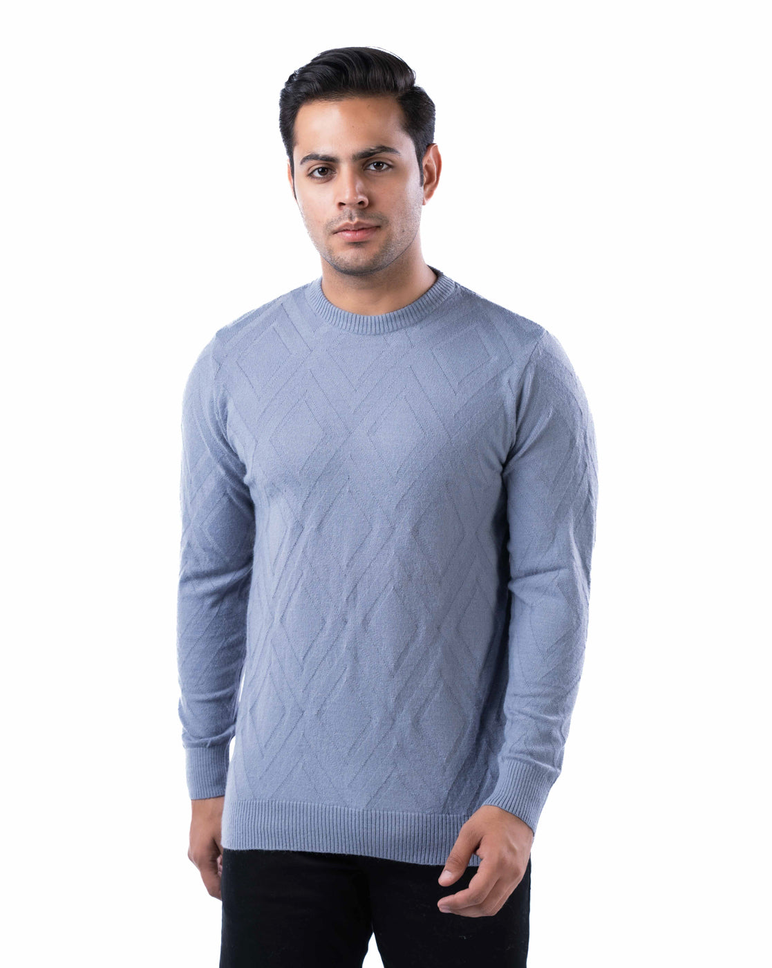 Men’s Dark Blue Tuck Knit Pullover in Blended Polyamide Yarn with Crew Neck and Side Loop Label