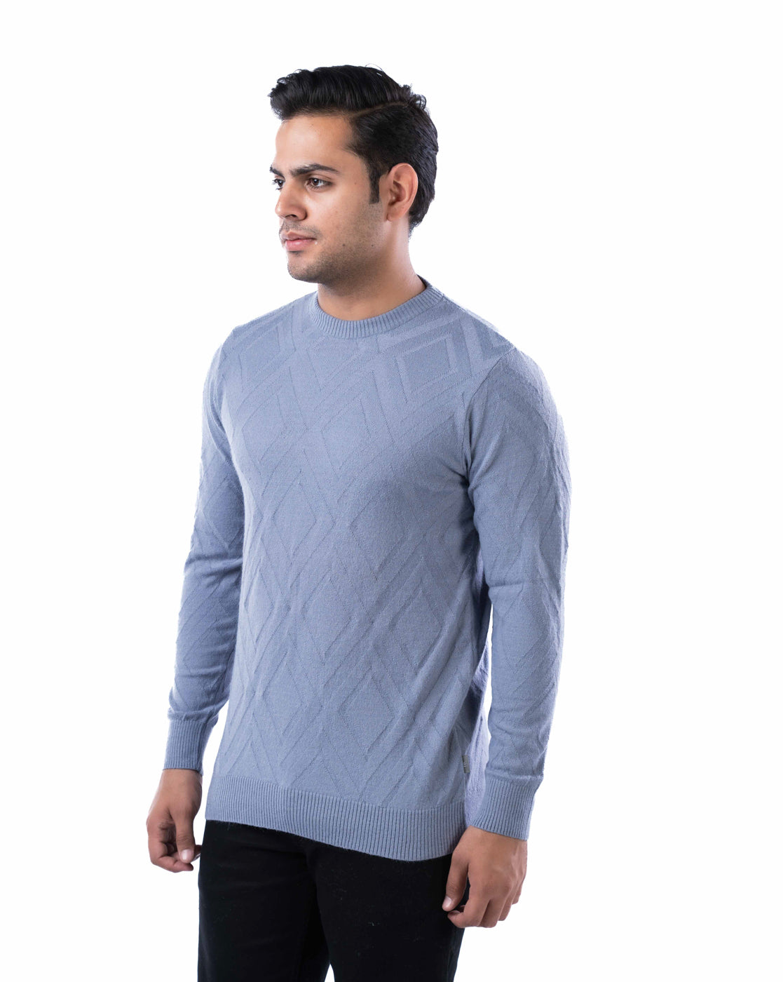 Men’s Dark Blue Tuck Knit Pullover in Blended Polyamide Yarn with Crew Neck and Side Loop Label
