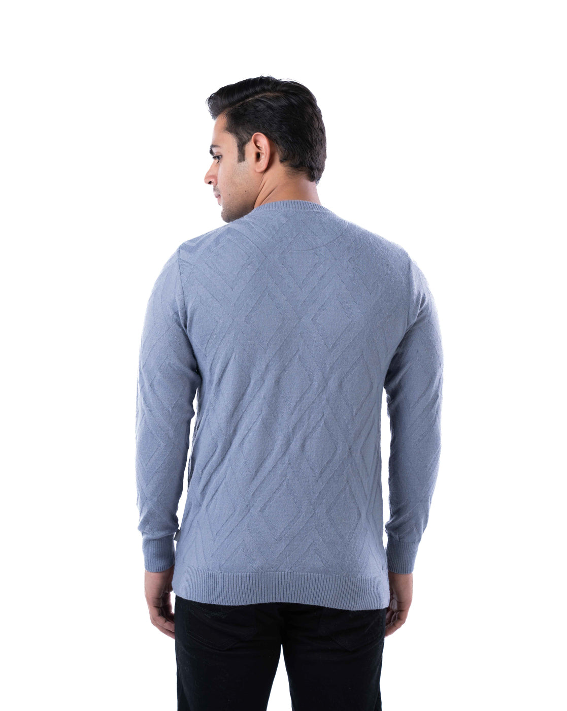 Men’s Dark Blue Tuck Knit Pullover in Blended Polyamide Yarn with Crew Neck and Side Loop Label