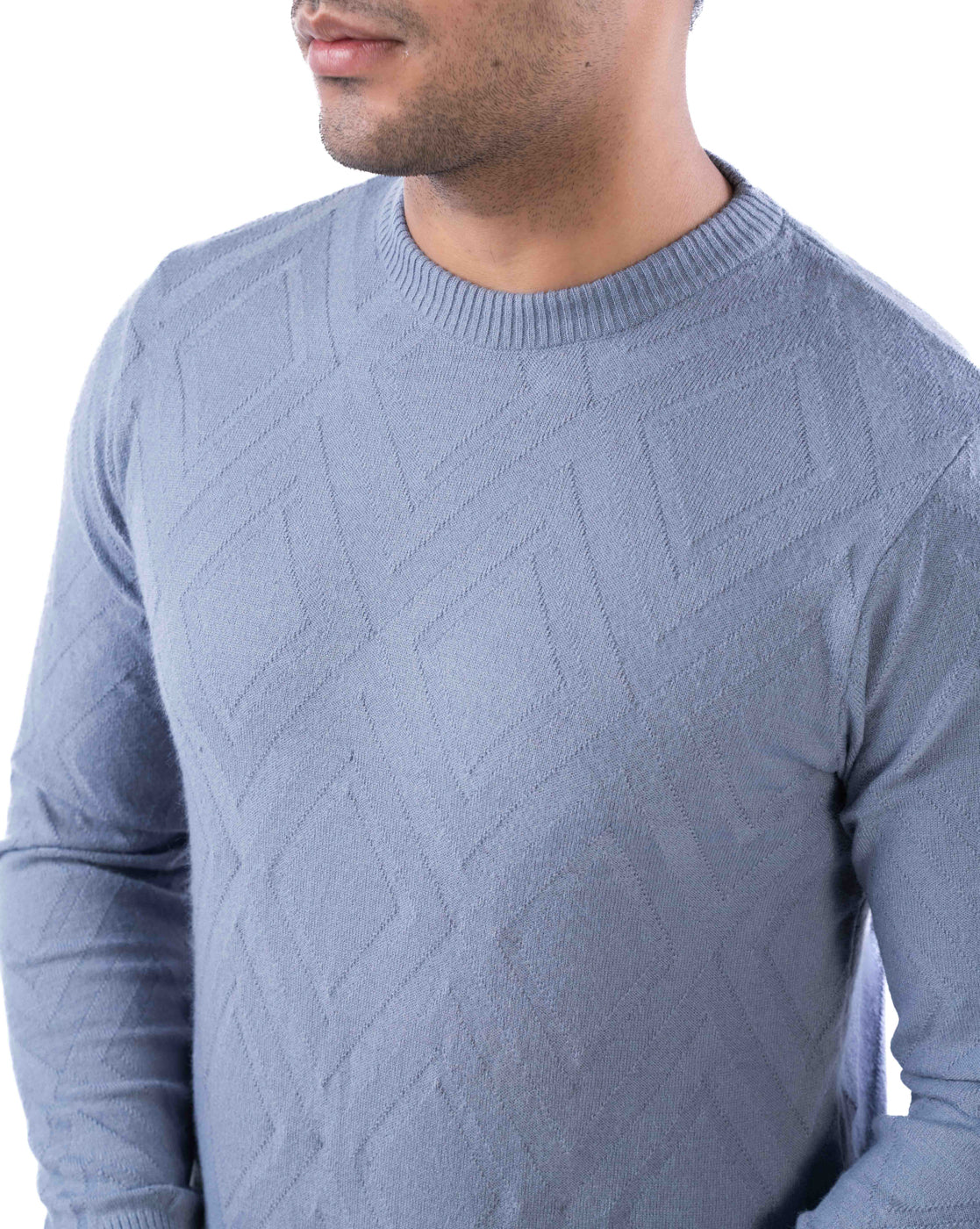 Men’s Dark Blue Tuck Knit Pullover in Blended Polyamide Yarn with Crew Neck and Side Loop Label