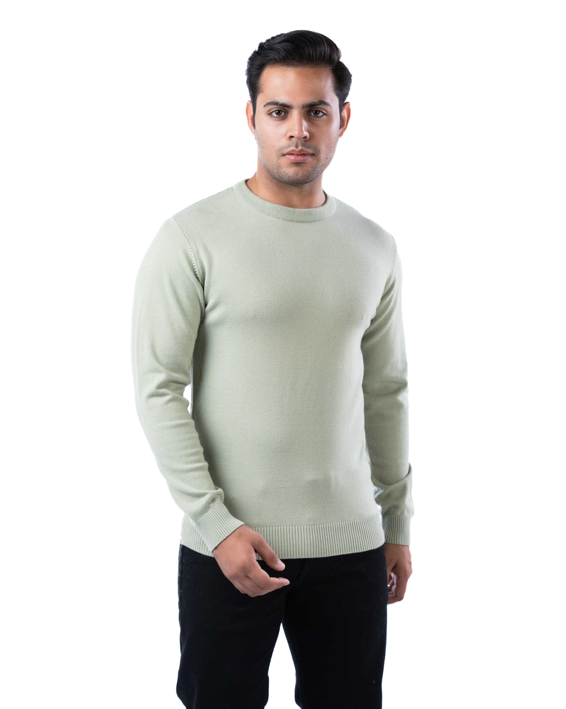 Men’s Olive Solid Viscose Blend Pullover with Crew Neck