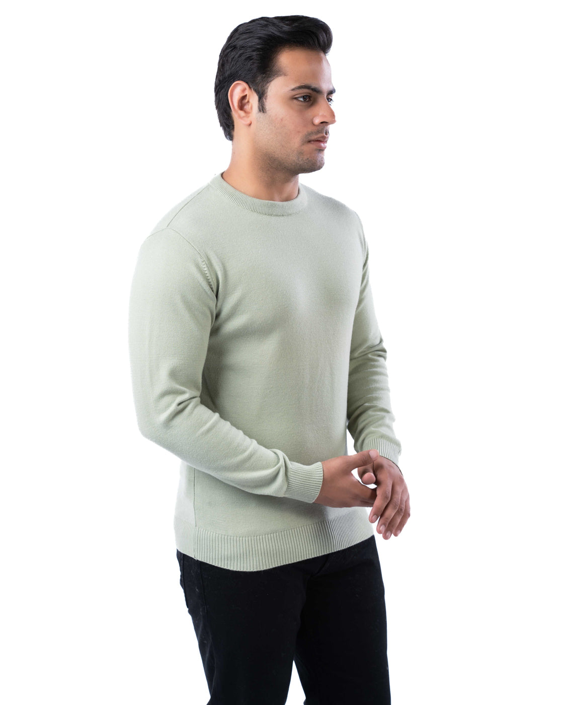 Men’s Olive Solid Viscose Blend Pullover with Crew Neck