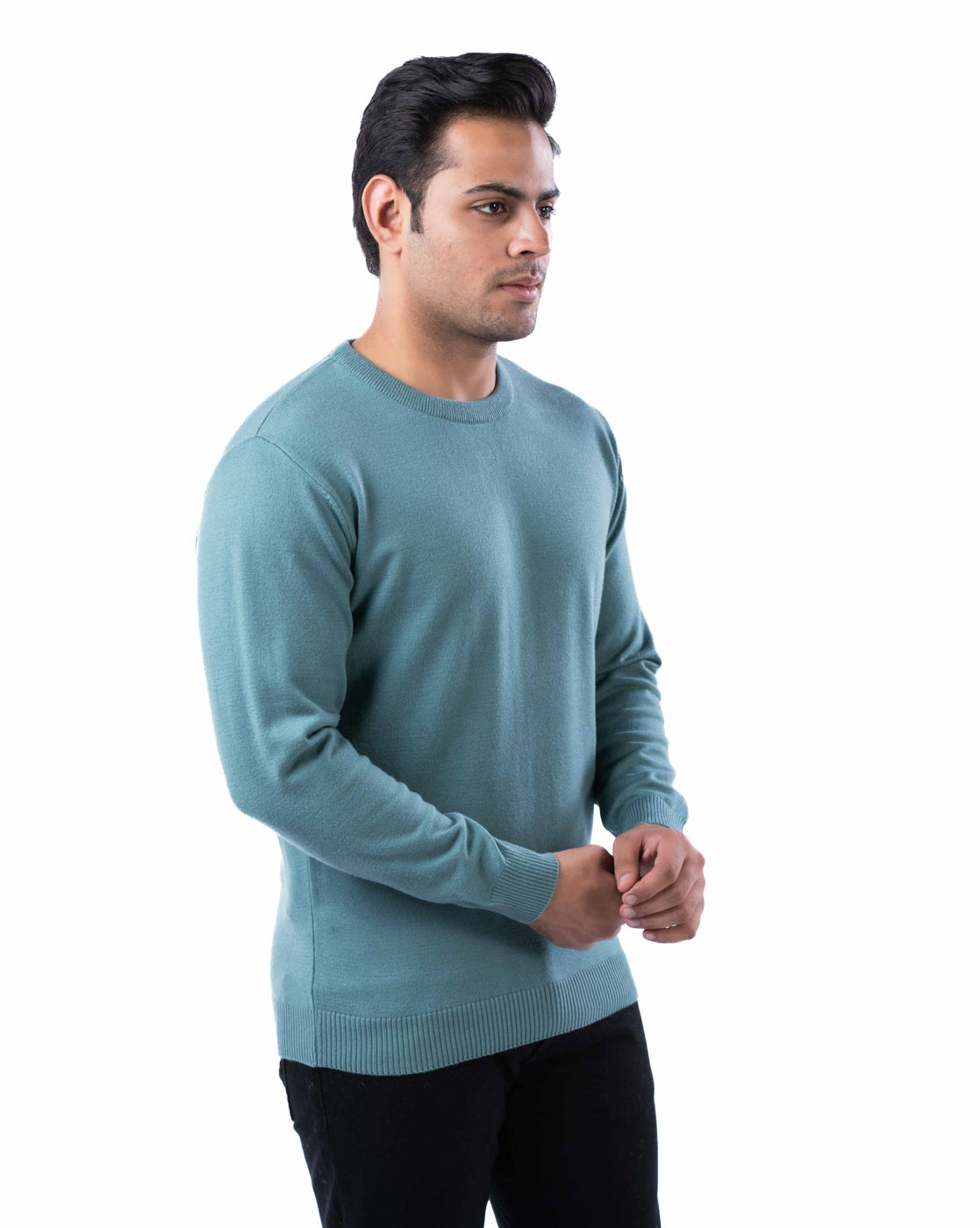 Men’s Teal Solid Viscose Blend Pullover with Crew Neck