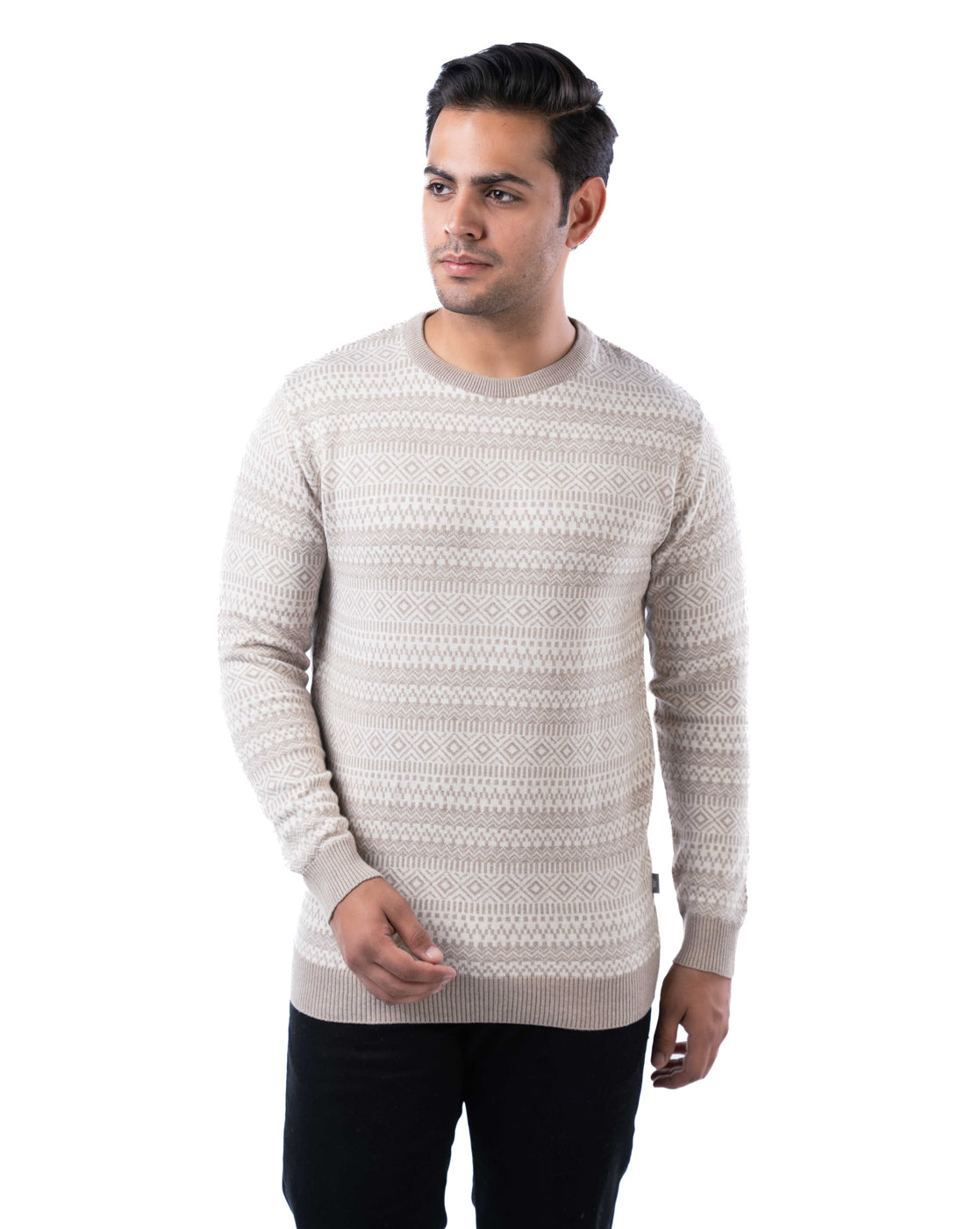 Men’s Copper Aztec Jacquard Knit Cotton Pullover with Crew Neck and Side Loop Label