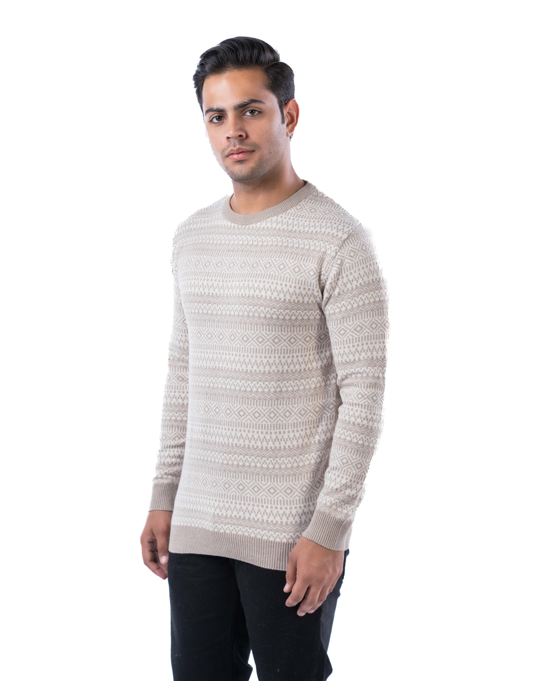 Men’s Copper Aztec Jacquard Knit Cotton Pullover with Crew Neck and Side Loop Label