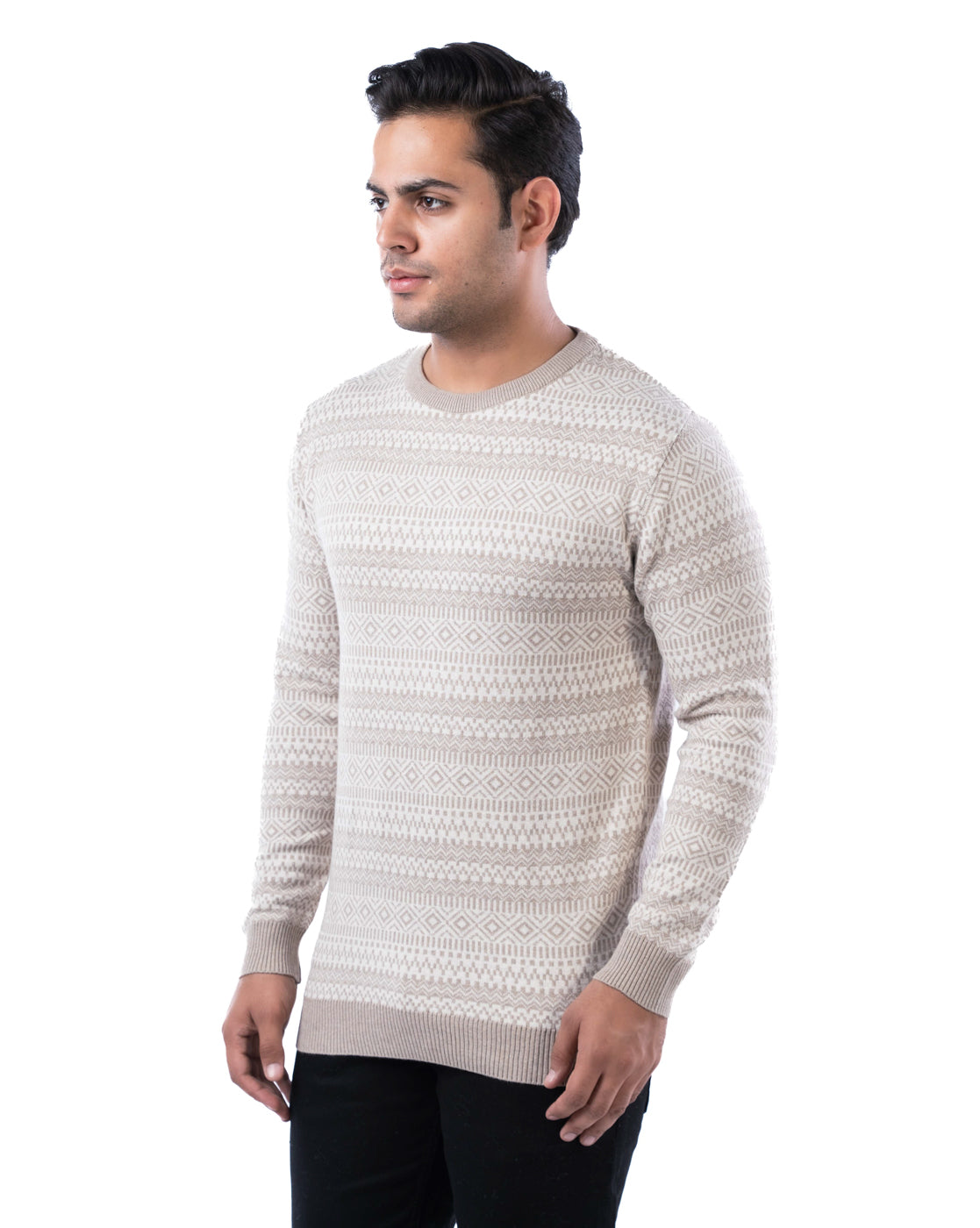 Men’s Copper Aztec Jacquard Knit Cotton Pullover with Crew Neck and Side Loop Label