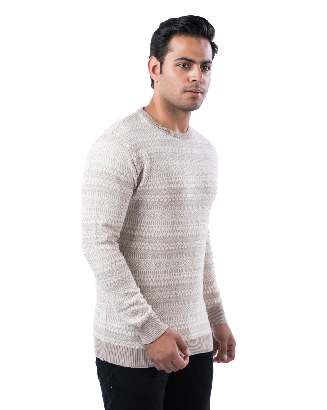 Men’s Copper Aztec Jacquard Knit Cotton Pullover with Crew Neck and Side Loop Label