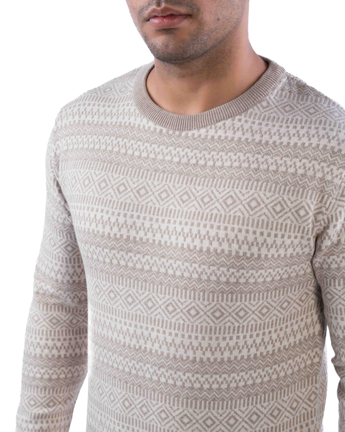 Men’s Copper Aztec Jacquard Knit Cotton Pullover with Crew Neck and Side Loop Label