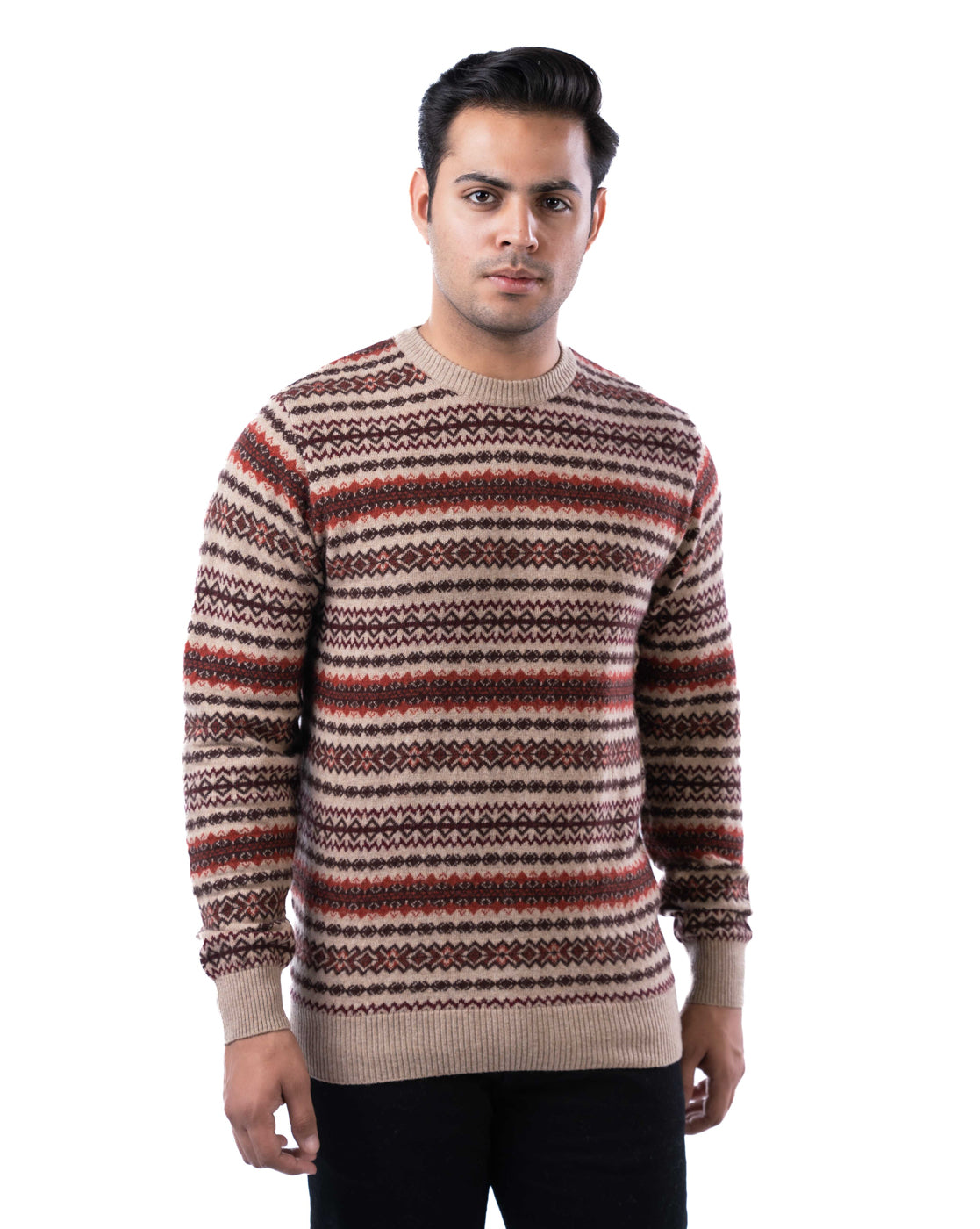 Men’s Beige Lambswool Aztec Pullover with Suede Elbow Patches