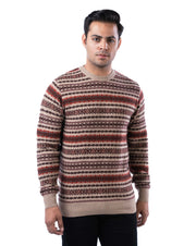 Men’s Beige Lambswool Aztec Pullover with Suede Elbow Patches
