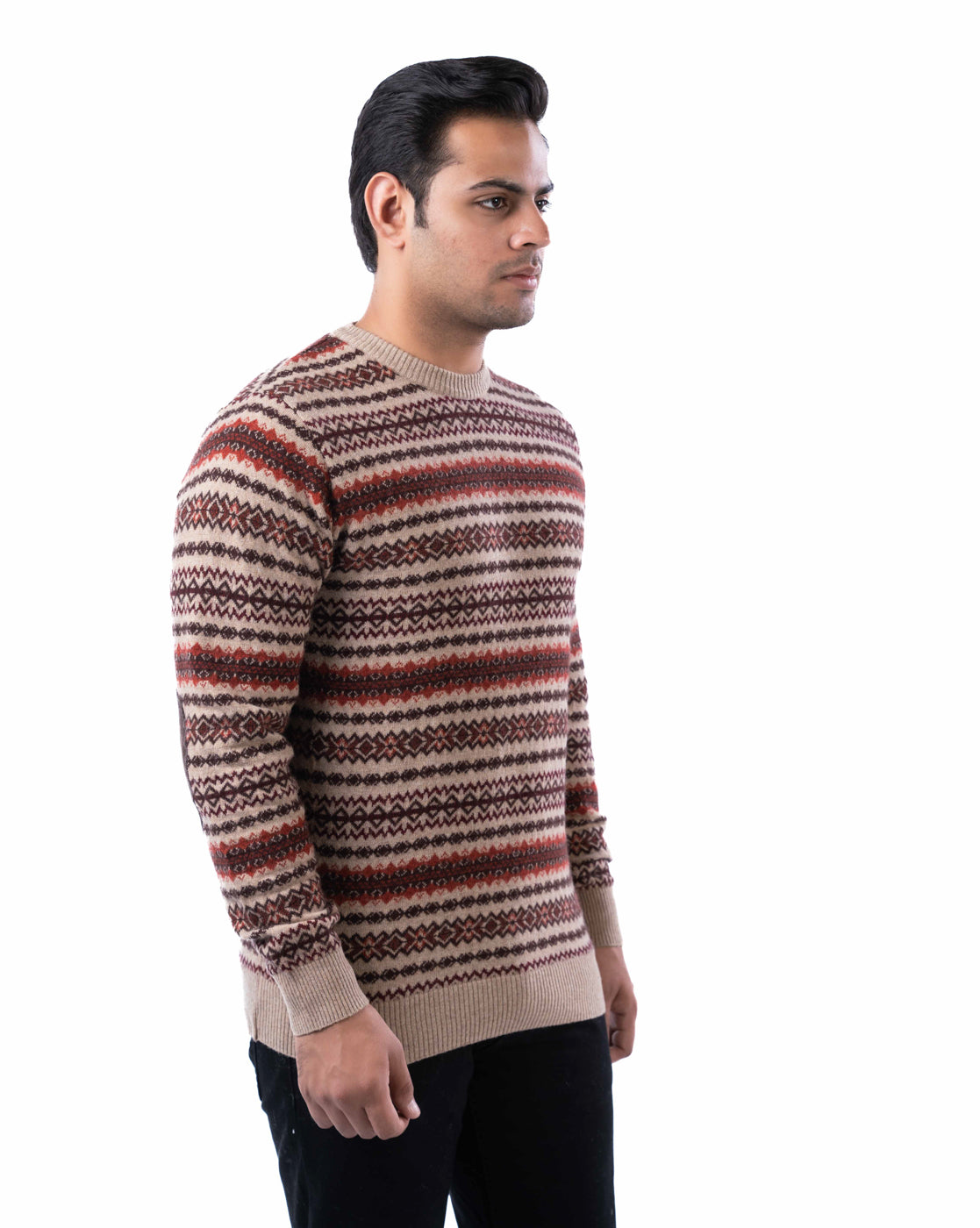 Men’s Beige Lambswool Aztec Pullover with Suede Elbow Patches