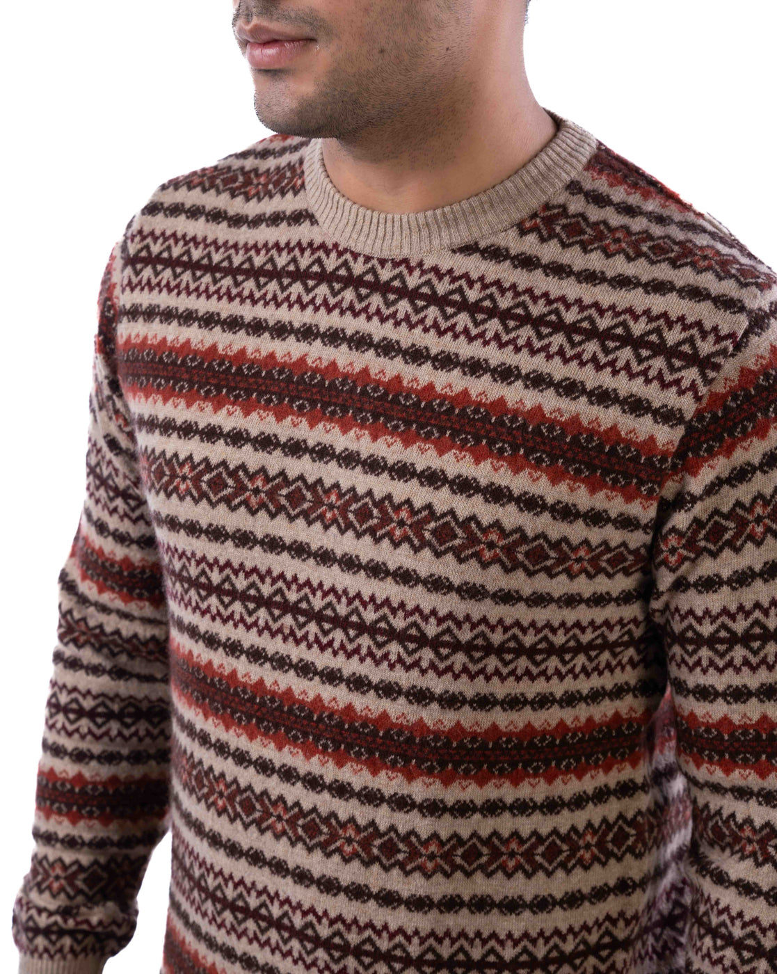 Men’s Beige Lambswool Aztec Pullover with Suede Elbow Patches