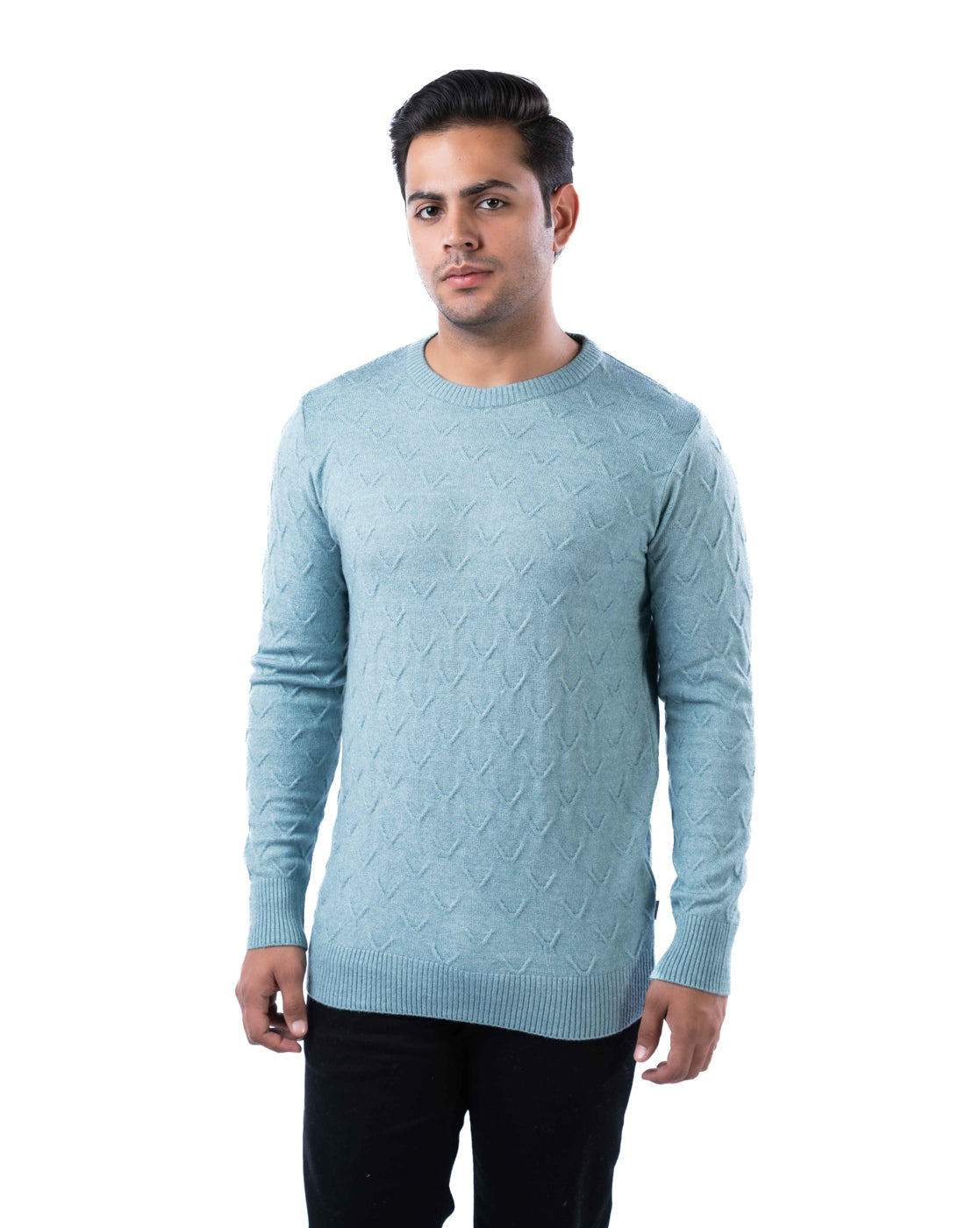 Men’s Sea Green Tuck Knit Pullover in Blended Yarn with Crew Neck and Side Loop Label