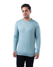 Men’s Sea Green Tuck Knit Pullover in Blended Yarn with Crew Neck and Side Loop Label